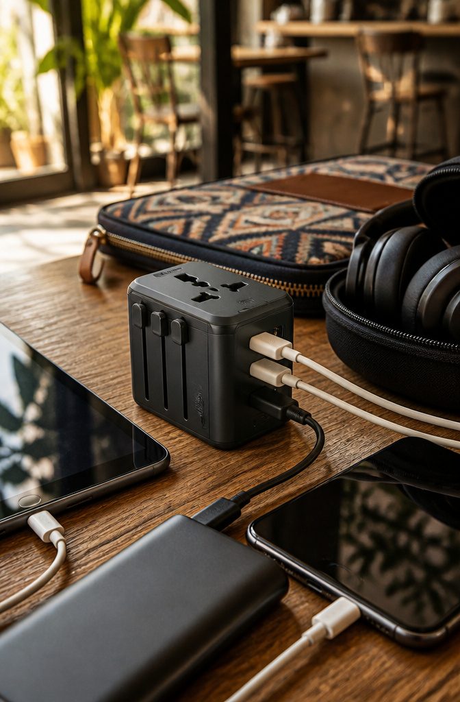 A universal travel adapter with multiple ports for charging devices.