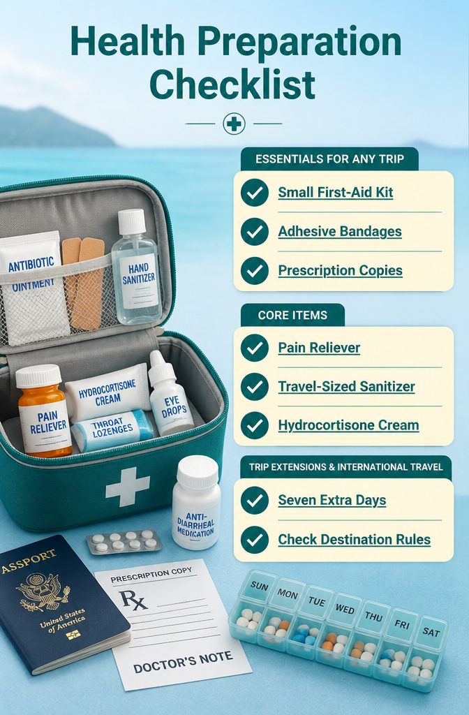 A first-aid kit containing basic medical supplies for travel emergencies.