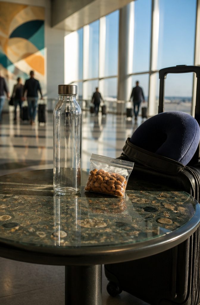 An empty reusable water bottle next to a small bag of almonds at an airport.
