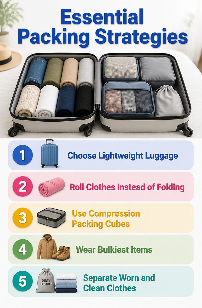 A carry-on suitcase packed with clothes using compression packing cubes.