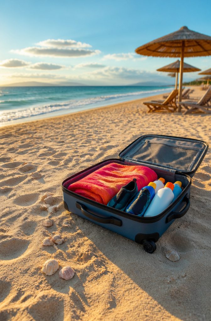 Beach items including water shoes, a towel, and sunscreen ready for packing.