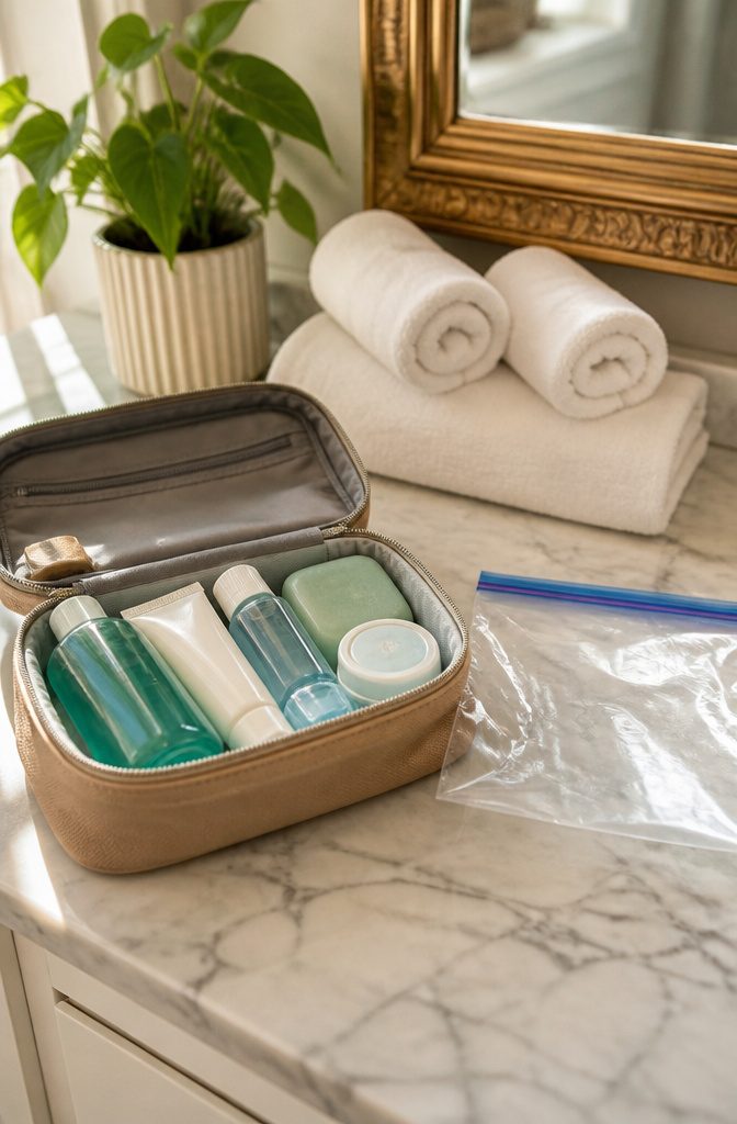 A toiletries bag open on a marble vanity with travel-sized containers.