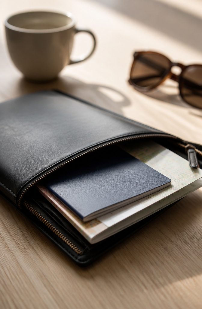 A slim document wallet holding travel documents and emergency contact information.