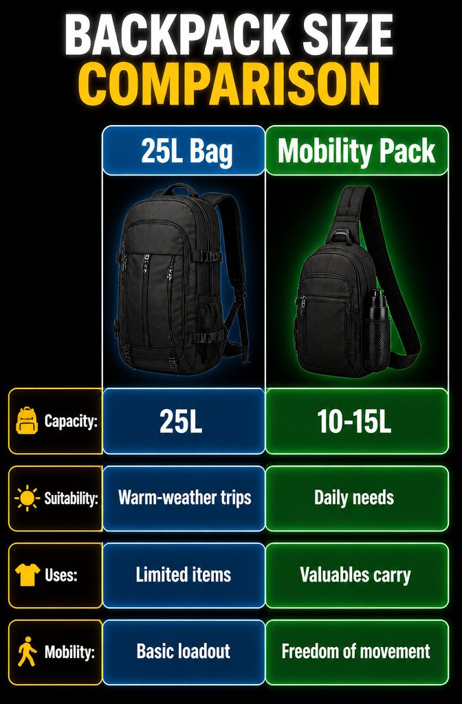 How to Live Out of a Backpack: 6 Steps for Lightweight Mobility 8 Comparison of different backpack sizes for travel.