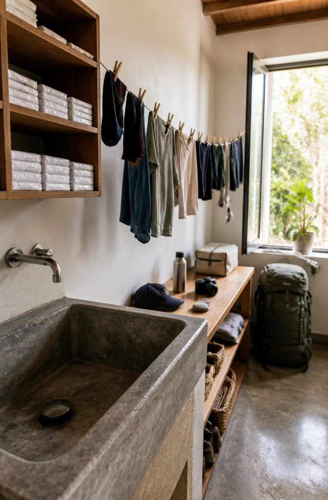 How to Live Out of a Backpack: 6 Steps for Lightweight Mobility 9 A hostel laundry area with a sink and detergent sheets.