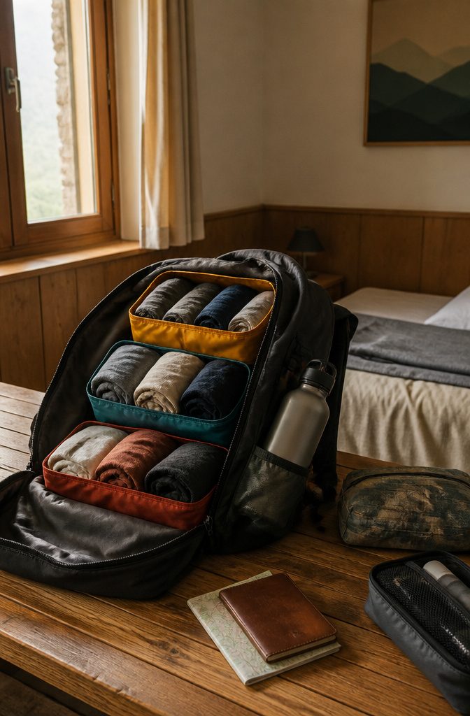 How to Live Out of a Backpack: 6 Steps for Lightweight Mobility 3 Colorful packing cubes filled with rolled clothes inside a backpack.