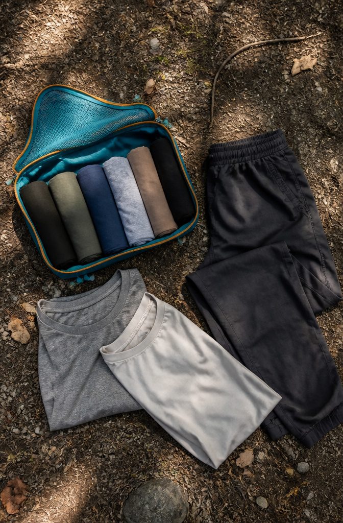 How to Live Out of a Backpack: 6 Steps for Lightweight Mobility 2 Rolled clothing inside a backpack with toiletries beside it.