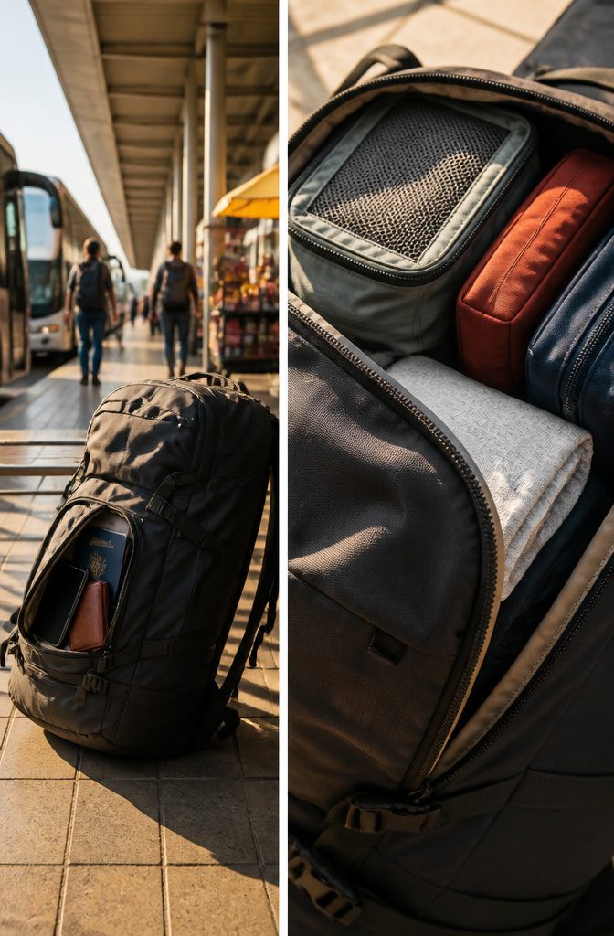 How to Live Out of a Backpack: 6 Steps for Lightweight Mobility 5 A backpack with items like a passport and wallet in outer pockets.