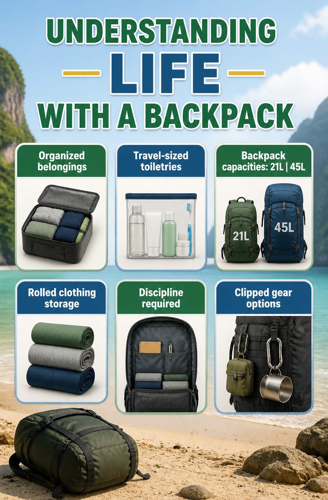 How to Live Out of a Backpack: 6 Steps for Lightweight Mobility 7 An infographic illustrating life with a backpack and its essentials.