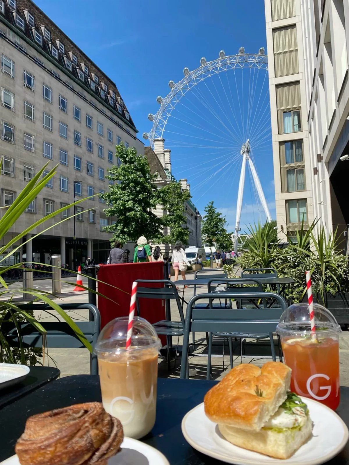 Iced coffee and food on a table with the London Eye in background