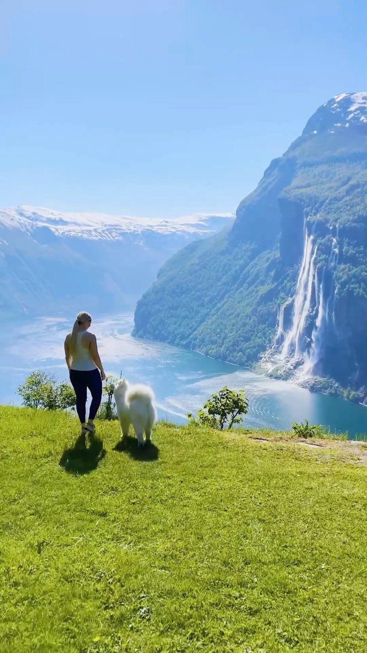 Woman and white dog overlooking a scenic fjord with a tall waterfall