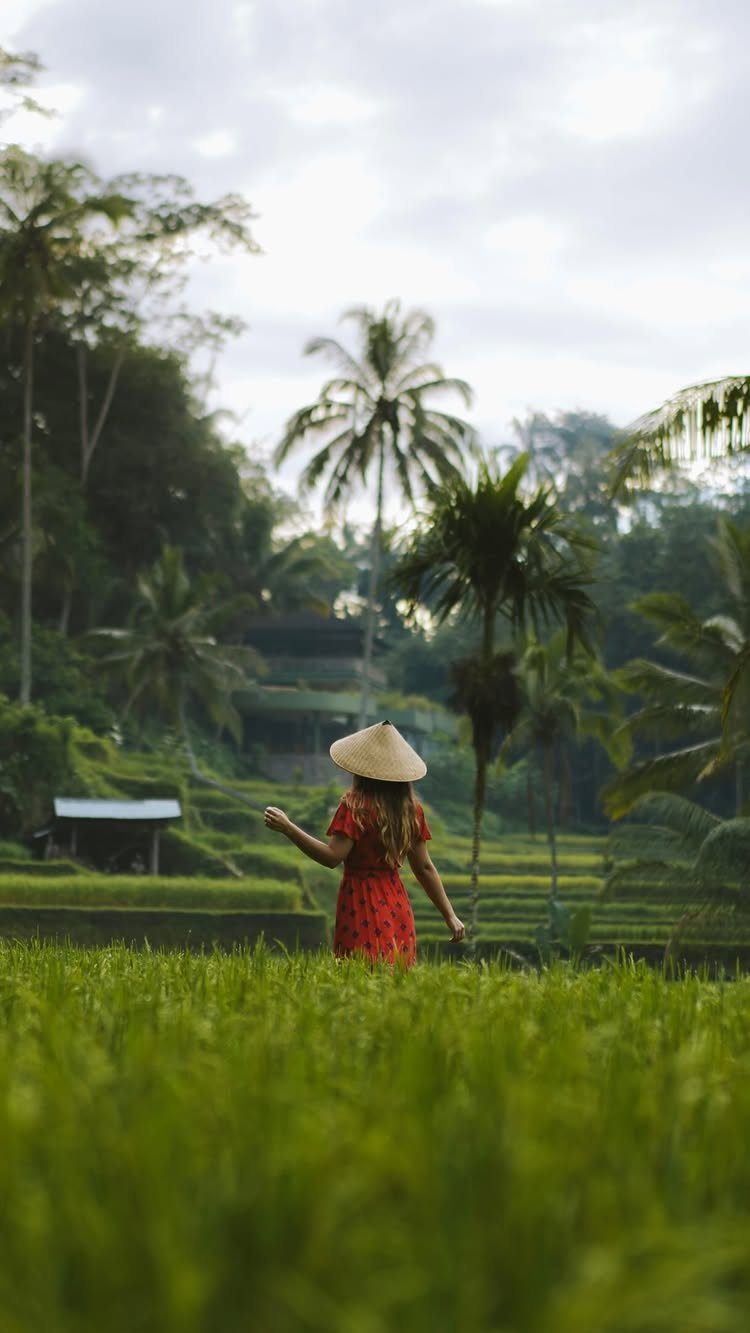 Woman in red dress and straw hat standing in green rice terraces
