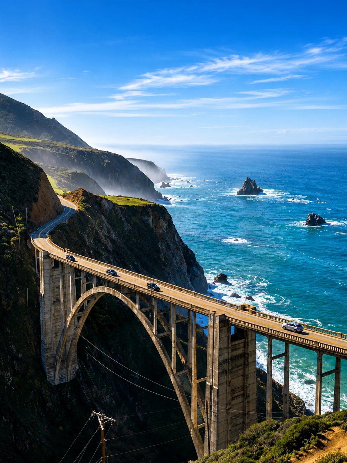 Bixby Creek Bridge spanning a coastal canyon with blue ocean and green cliffs.
