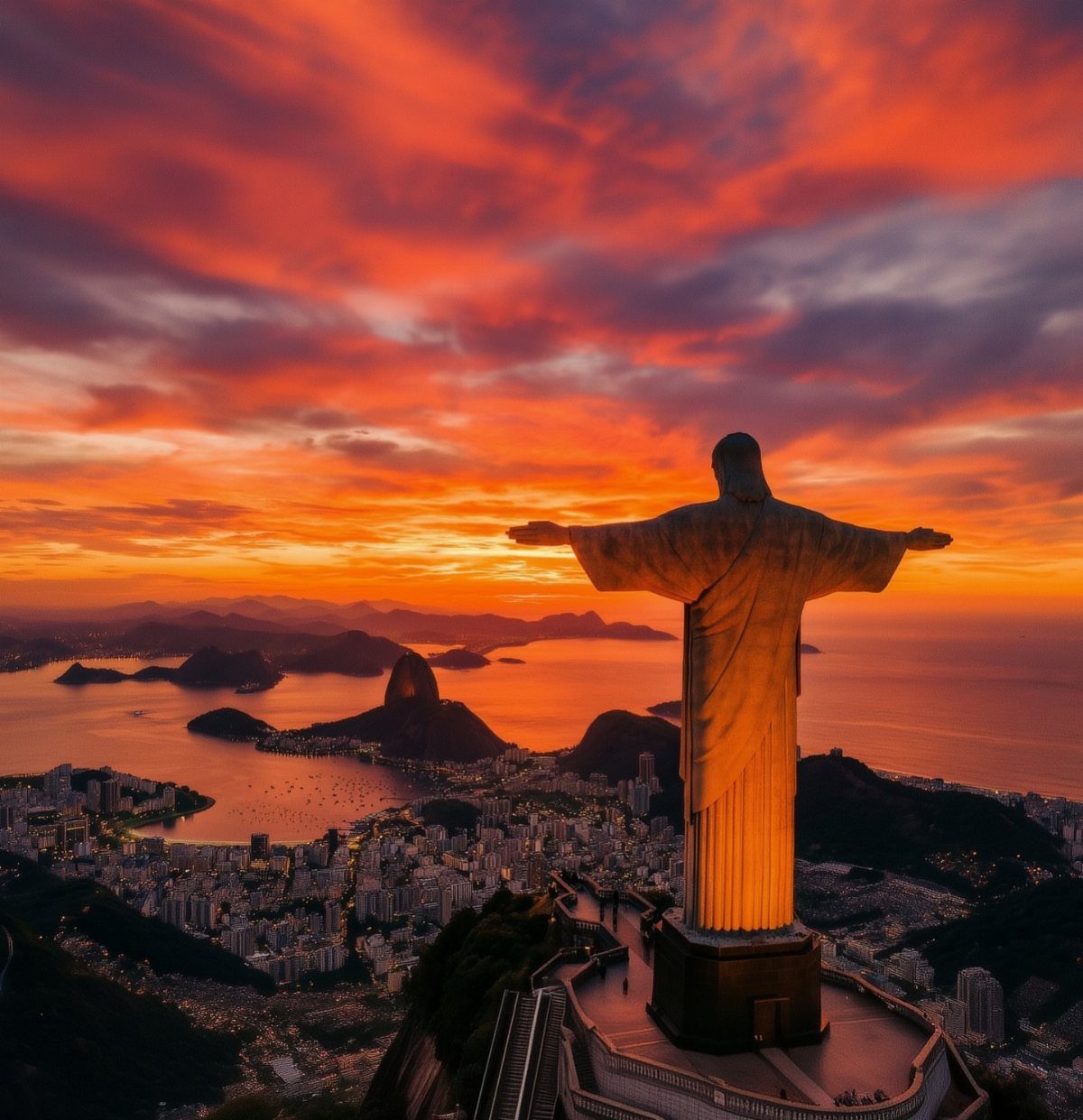 Christ the Redeemer statue overlooking Rio de Janeiro under a vibrant orange sunset sky