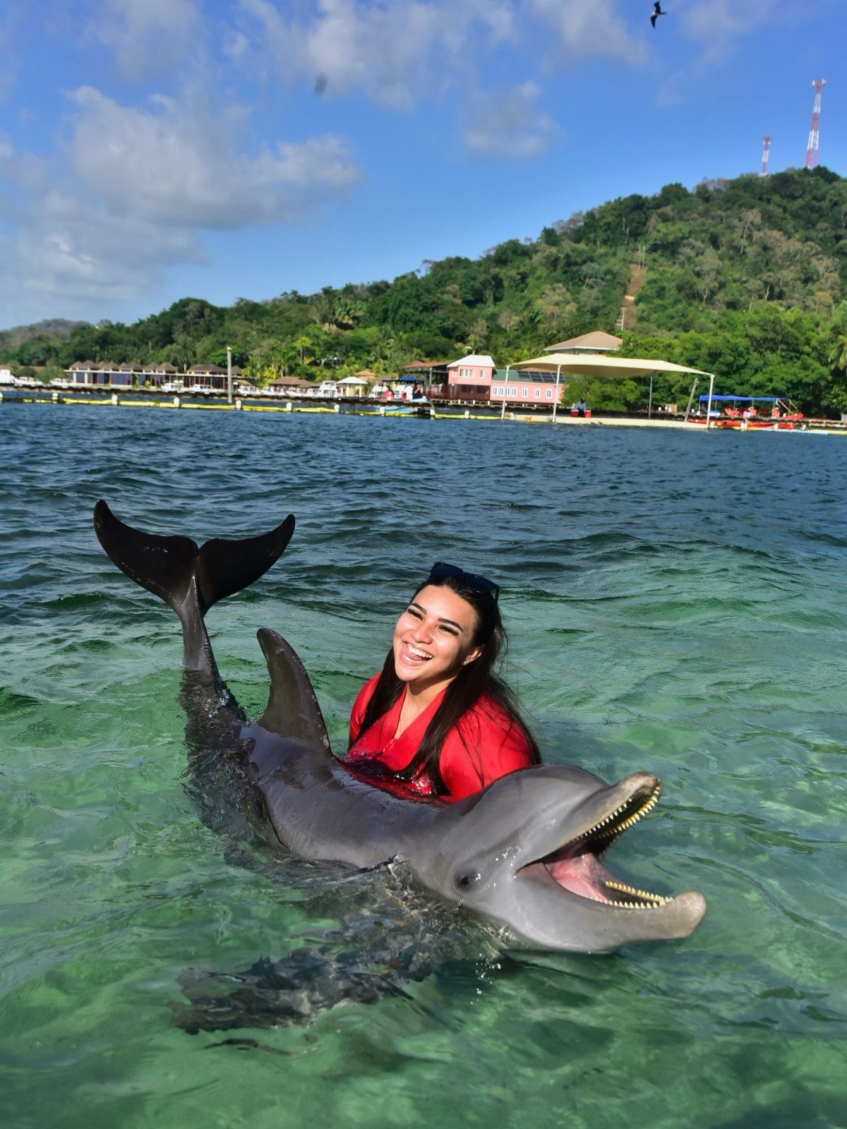 Woman in red shirt hugging a dolphin in clear turquoise ocean water.