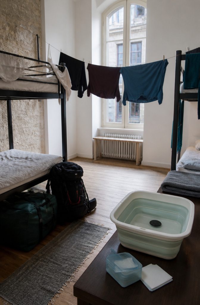 Laundry supplies including detergent sheets and a clothesline.