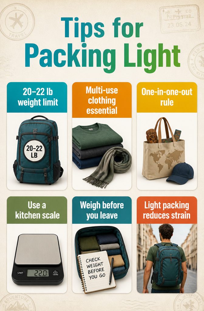 A packed backpack with a weight limit for travel.