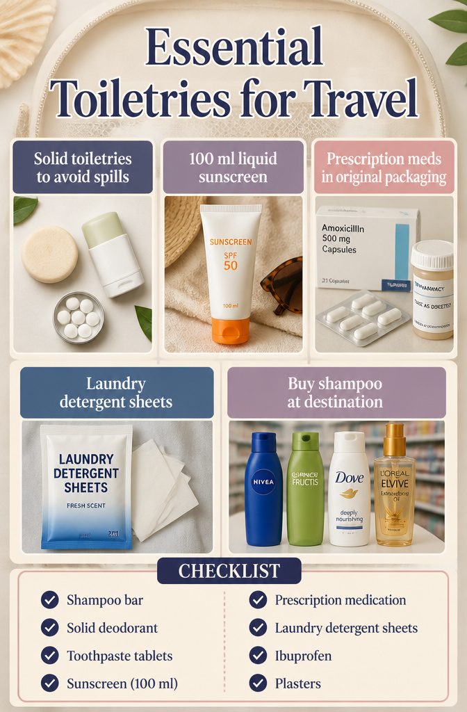 Essential toiletries for travel, including solid products.