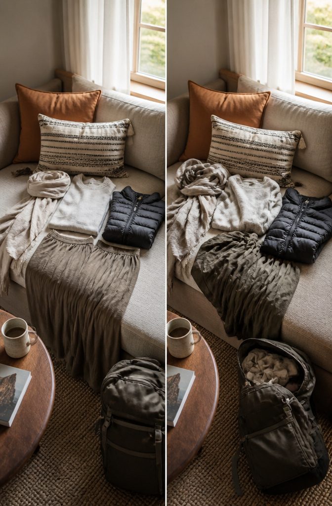 Neutral clothing items that can be layered and styled.