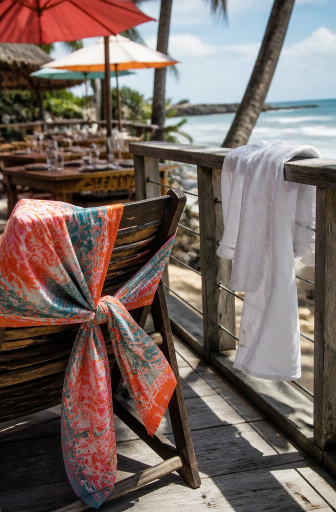 A sarong tied around a chair and a shirt draped over a railing.