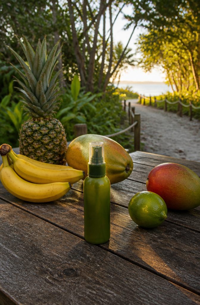 Bug spray bottle and tropical fruit on a rustic picnic table.