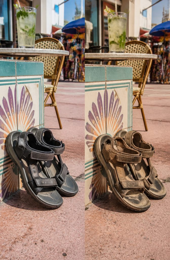 A pair of sandals and flip-flops on a hot Miami pavement.