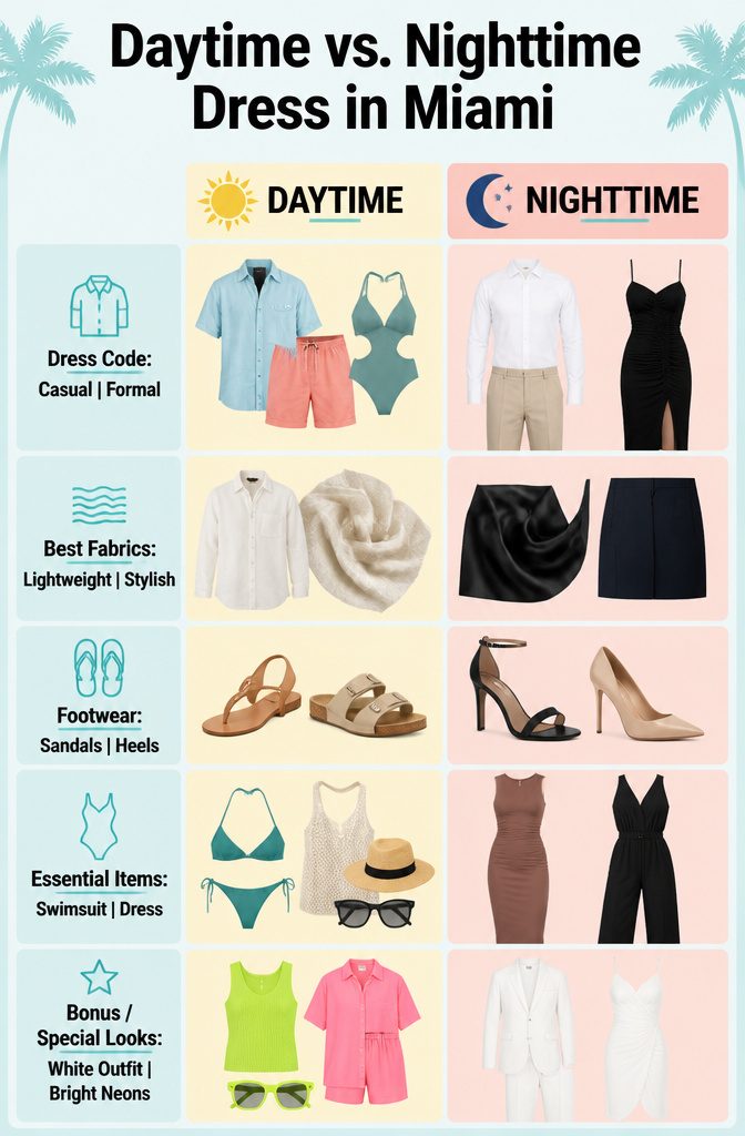 Images of daytime and nighttime outfits for Miami's climate.