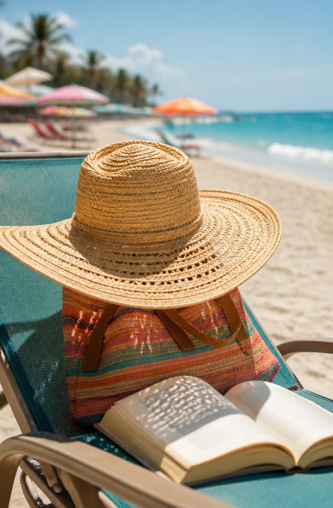 A straw hat with a wide brim on a beach towel.