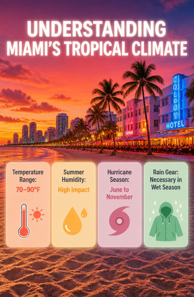 A graphic detailing Miami's tropical climate and temperature ranges.