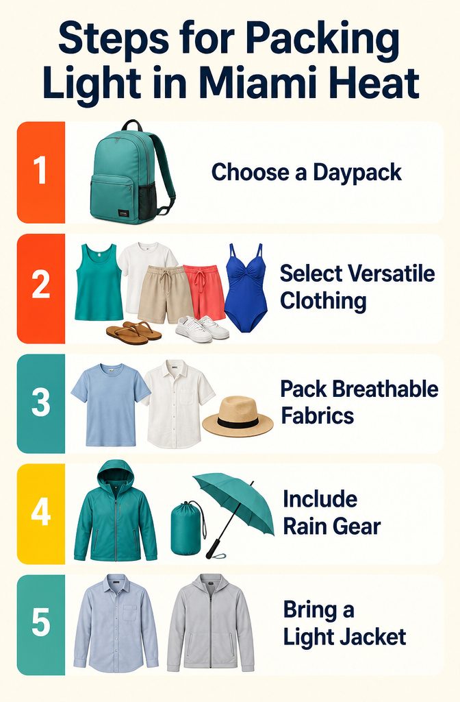A daypack filled with clothing and essentials for Miami weather.