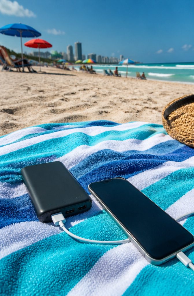 A portable charger and smartphone on a beach towel.