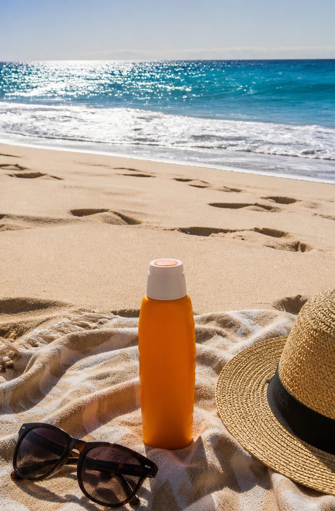 Sunscreen bottle, sunglasses, and a straw hat on a beach towel.