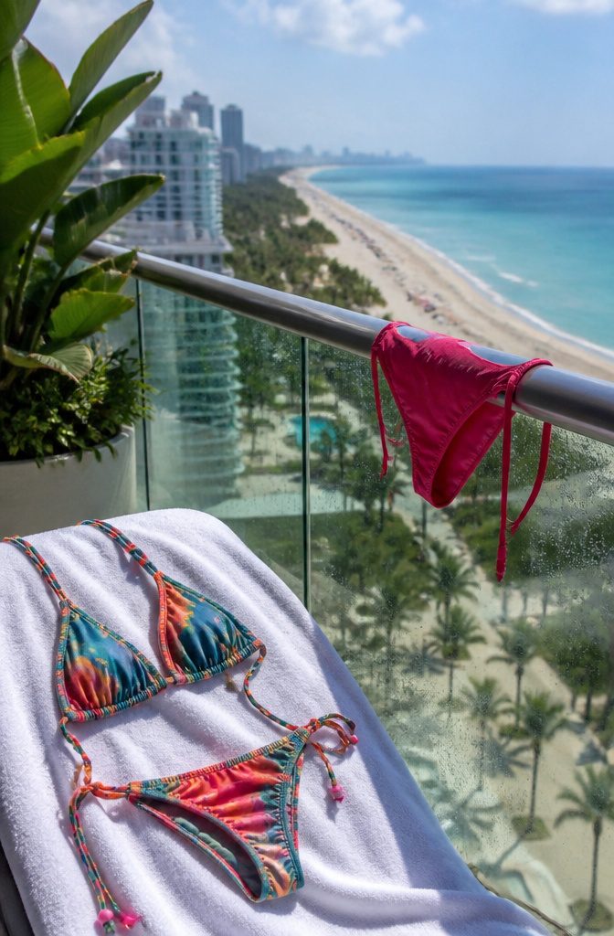 A bikini and swimsuit on a balcony with a view of the beach.