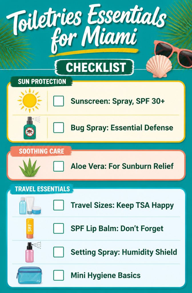Toiletries including sunscreen and bug spray arranged for packing.
