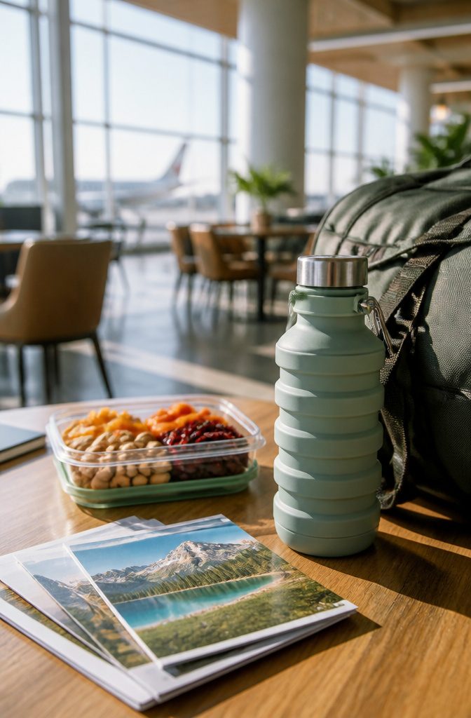 Packing Tips for Travel: 15 Steps for Stress-Free Trips 12 A collapsible silicone water bottle beside a travel backpack.
