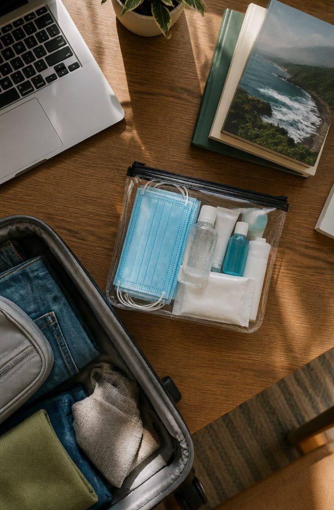 Packing Tips for Travel: 15 Steps for Stress-Free Trips 17 A small pouch containing masks and hand sanitizer for travel.