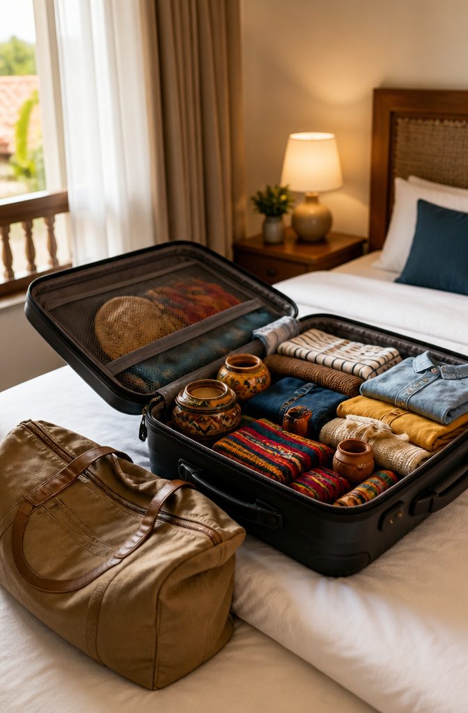 Packing Tips for Travel: 15 Steps for Stress-Free Trips 15 An open suitcase with souvenirs peeking out among packed clothes.