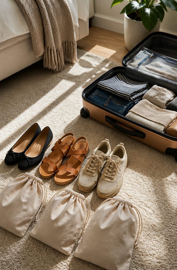 Packing Tips for Travel: 15 Steps for Stress-Free Trips 6 A selection of three pairs of shoes beside an open suitcase.