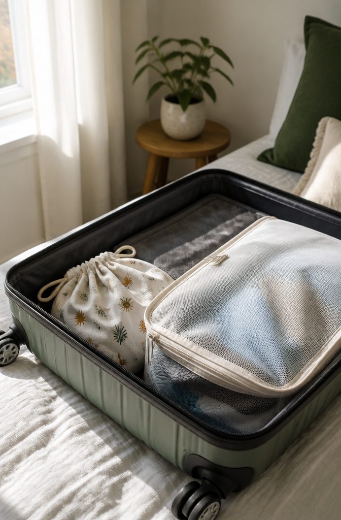 Packing Tips for Travel: 15 Steps for Stress-Free Trips 10 A fabric laundry bag partially filled with worn clothes in a suitcase.