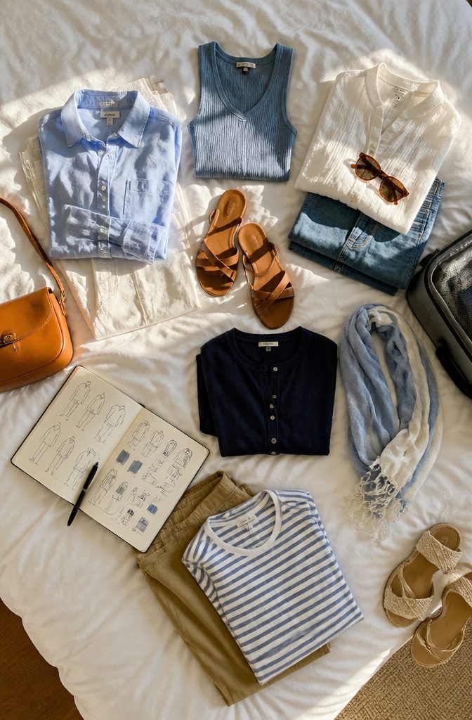 Packing Tips for Travel: 15 Steps for Stress-Free Trips 3 Complete outfits organized and photographed for travel planning.
