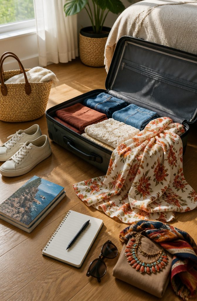 Packing Tips for Travel: 15 Steps for Stress-Free Trips 2 An open suitcase with clothes and accessories arranged next to it.