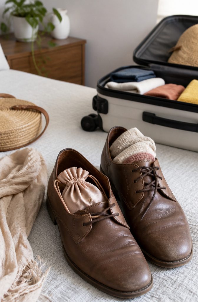 Packing Tips for Travel: 15 Steps for Stress-Free Trips 11 A pair of shoes with delicate items stored inside.