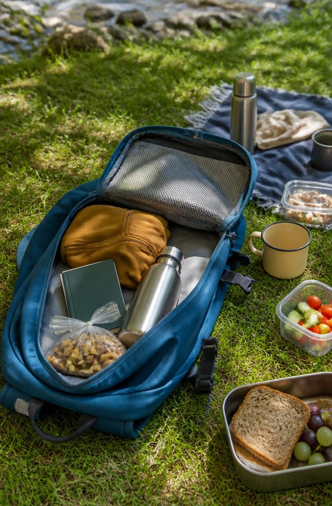 Packing Tips for Travel: 15 Steps for Stress-Free Trips 13 A day pack with snacks and essentials spread out on the grass.