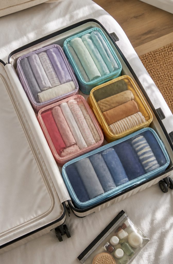 Packing Tips for Travel: 15 Steps for Stress-Free Trips 7 An organized suitcase filled with colorful packing cubes.