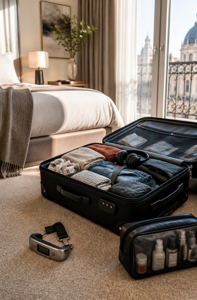 Packing Tips for Travel: 15 Steps for Stress-Free Trips 14 A luggage scale beside an open suitcase in a hotel room.