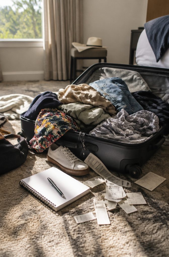 Packing Tips for Travel: 15 Steps for Stress-Free Trips 19 A chaotic suitcase with clothes spilling out on a hotel floor.