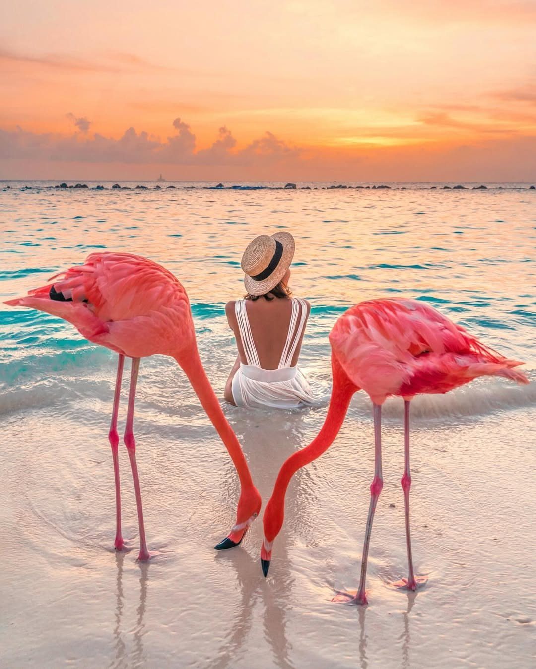 12 Places Like Bora Bora for Island Views and Lagoons 7 Woman in white dress sitting on beach with two pink flamingos at sunset