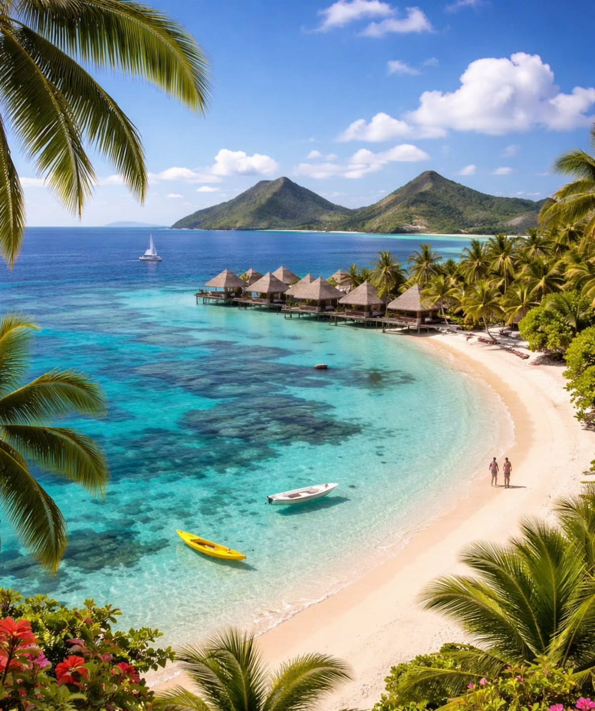 12 Places Like Bora Bora for Island Views and Lagoons 2 Overwater bungalows on a tropical beach with turquoise water and green mountains.