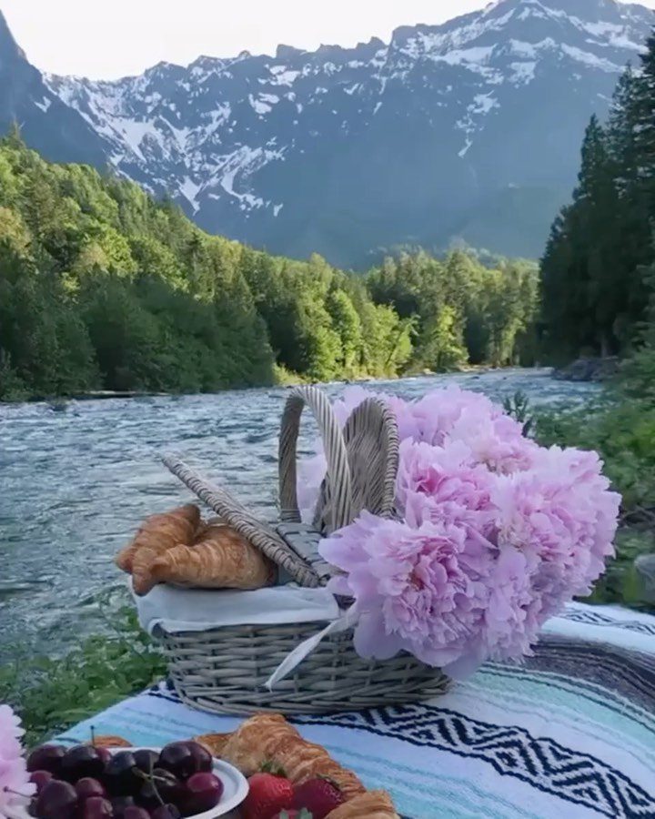 Picnic basket with pink flowers and pastries by a river with mountains.