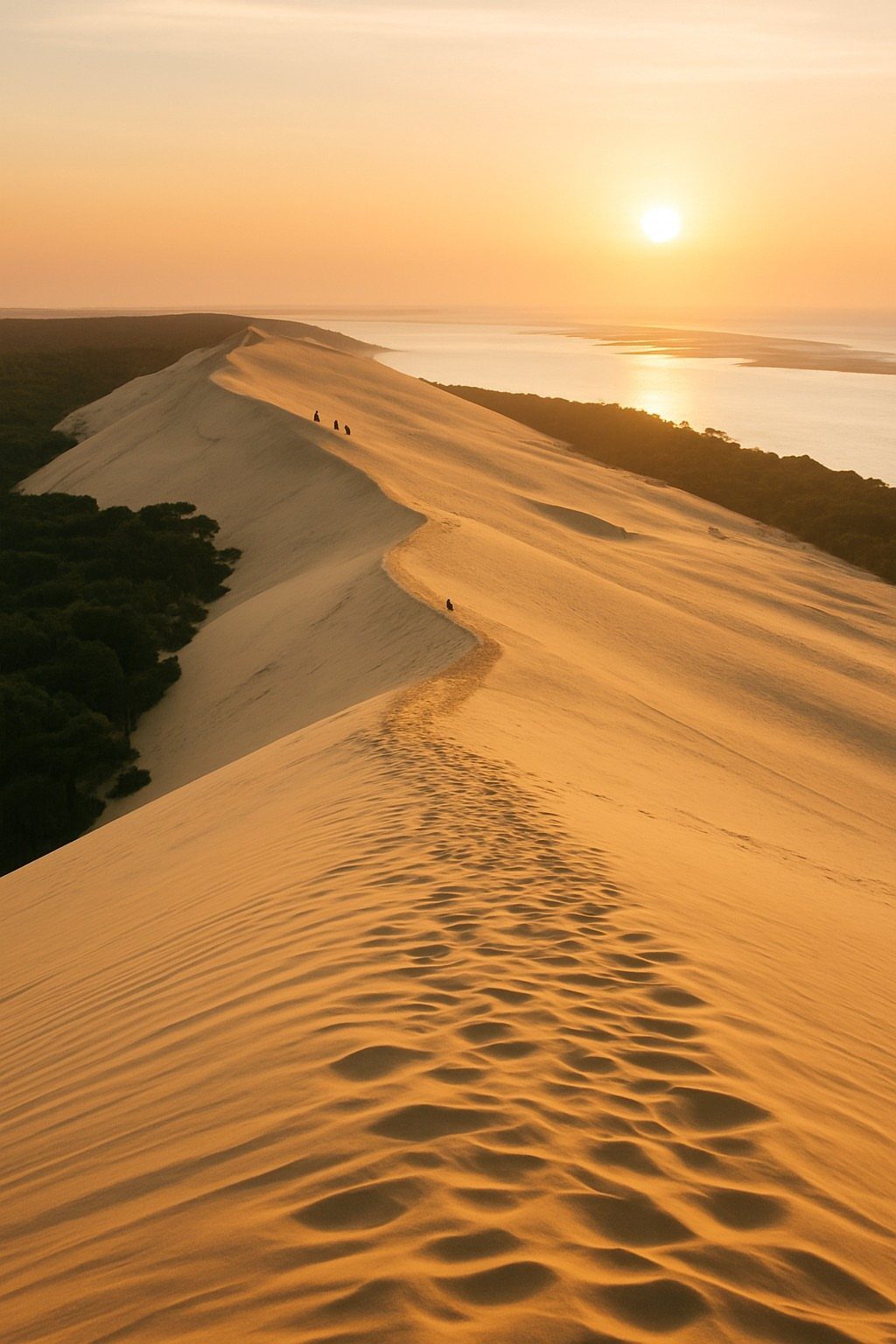 Golden sand dune ridge with footprints leading toward a sunset over the water.